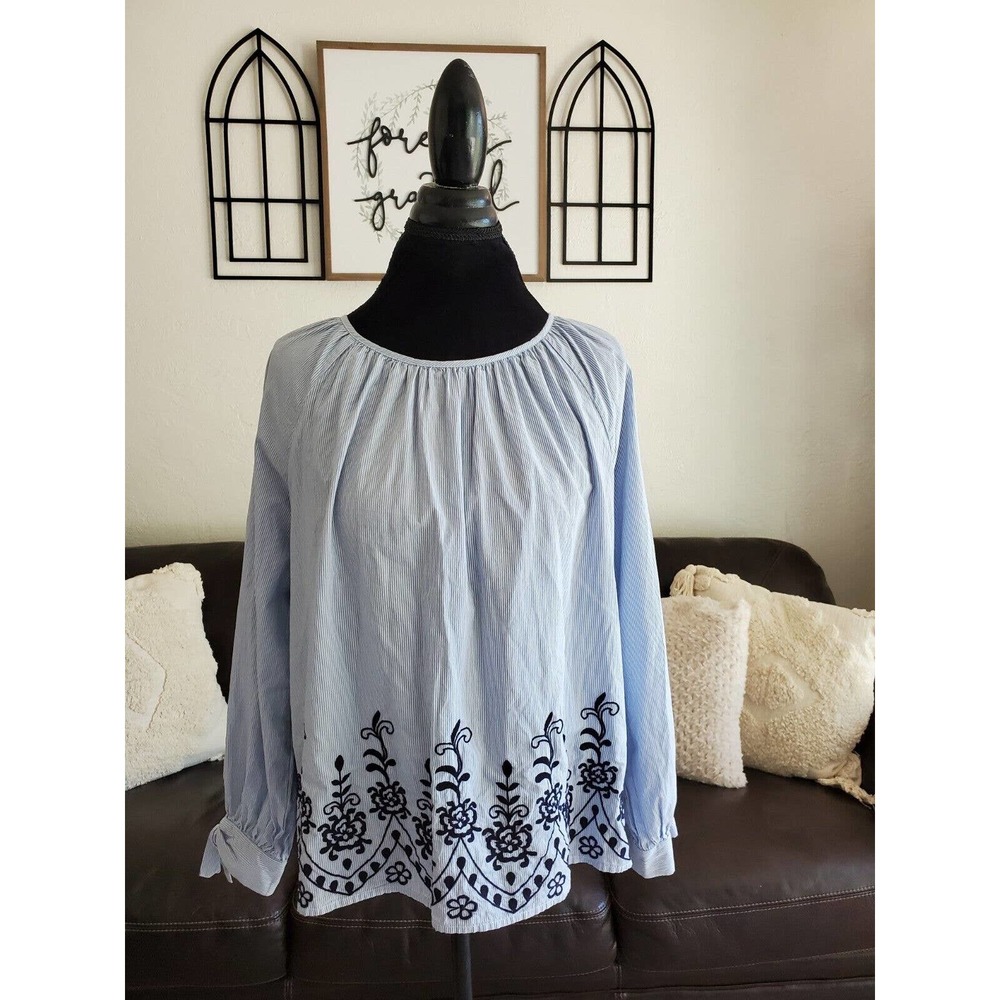 Tommy Hilfiger Navy Blue Floral Embroidered Long Sleeve Blouse Women's Sz S